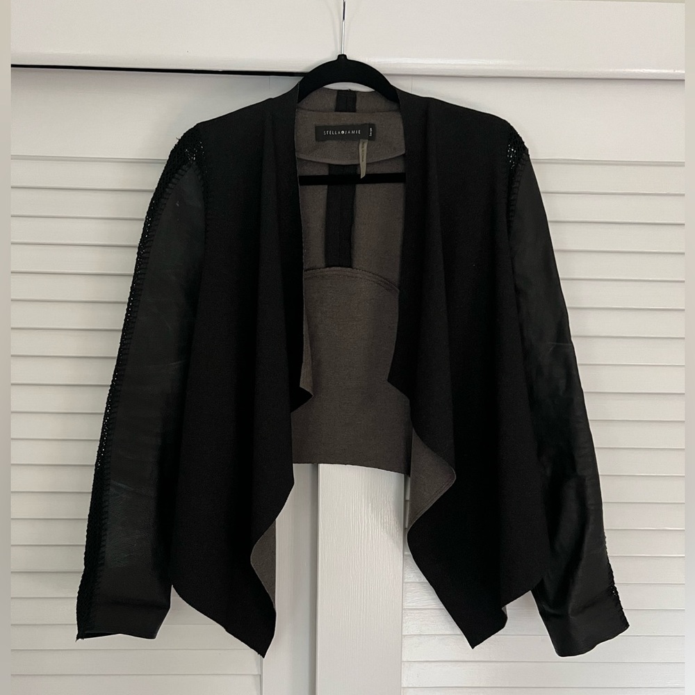 Drape-front leather sleeve jacket